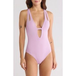 Becca Womens Deep V-Neck Teardrop One-Piece Swimsuit Medium Light Purple Size L